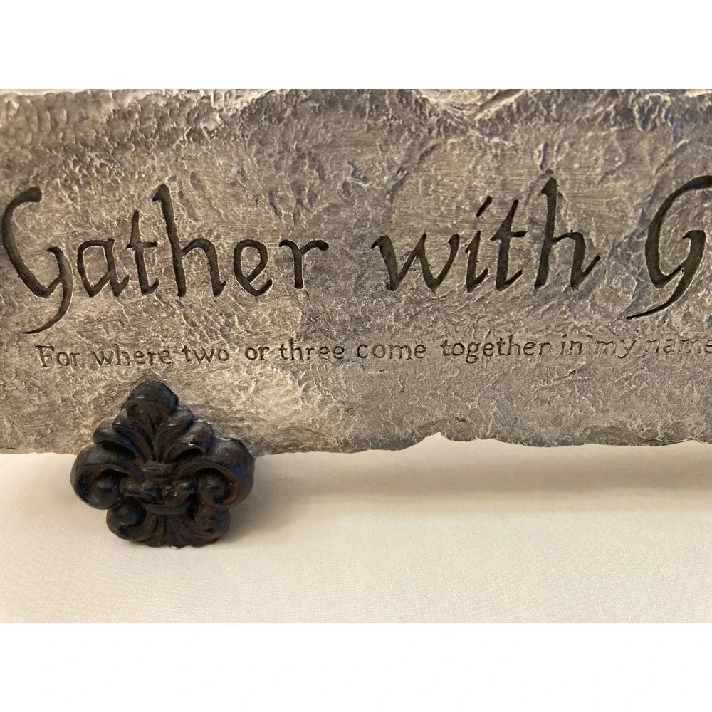 Stone Garden Plaque Gather with Grateful Hearts Cross Fleur de Lis - Picture 4 of 8